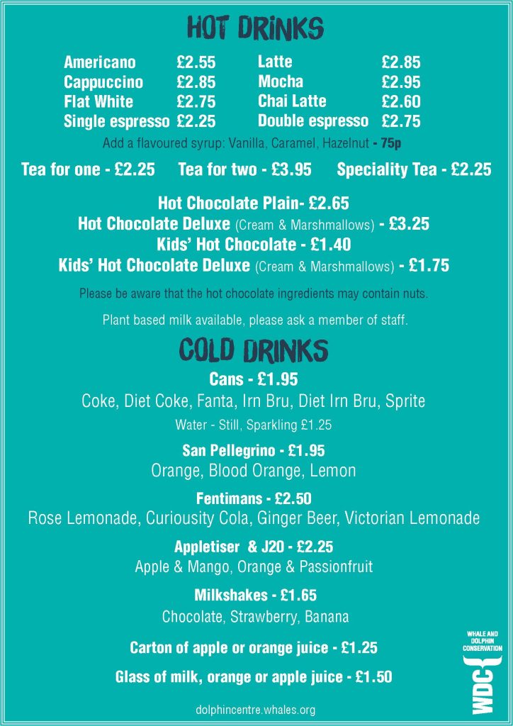 Dolphin Centre cafe drinks menu
